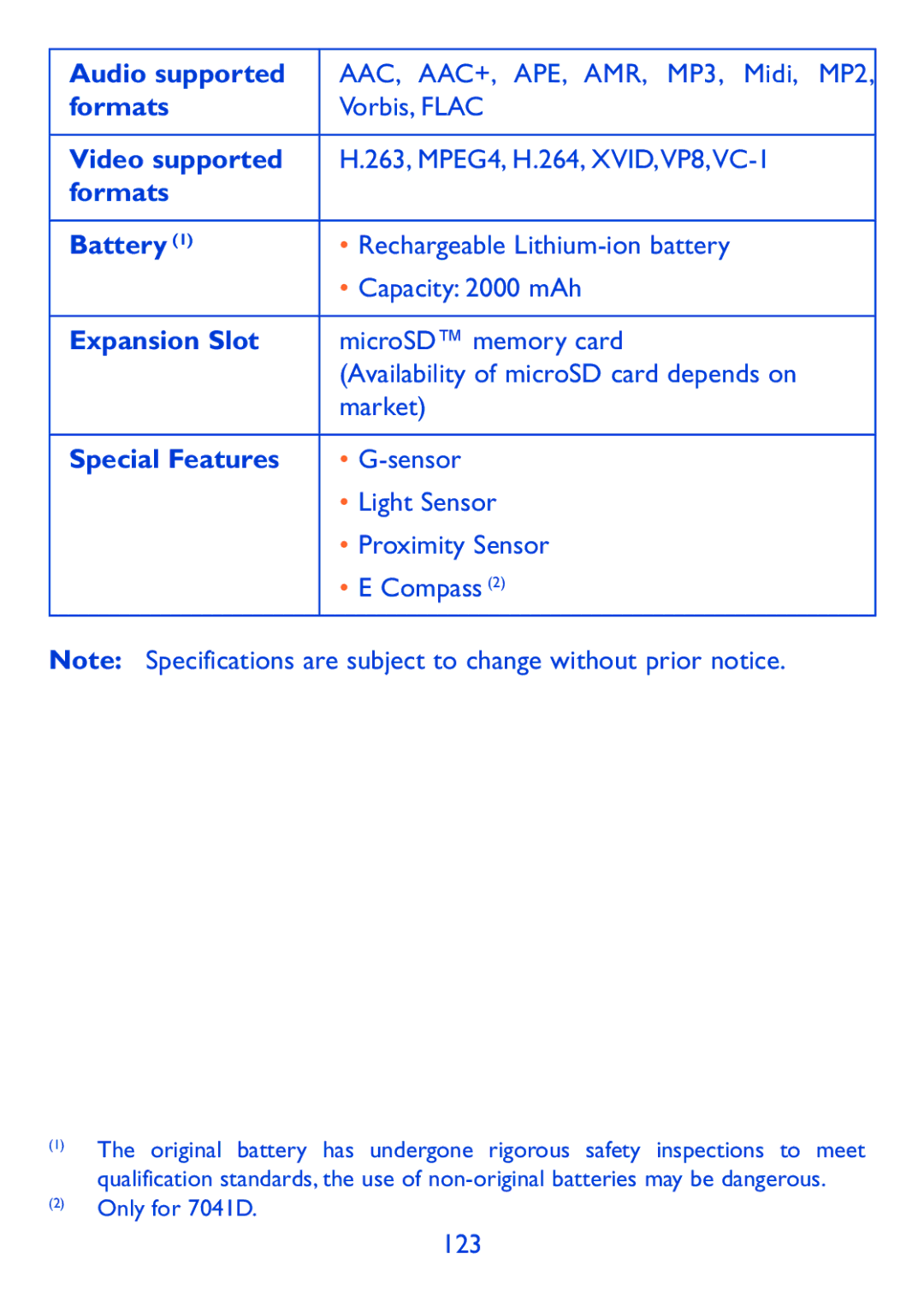 Alcatel P310X, Pop 7 manual Audio supported, Video supported, Formats Battery, Expansion Slot, Special Features 