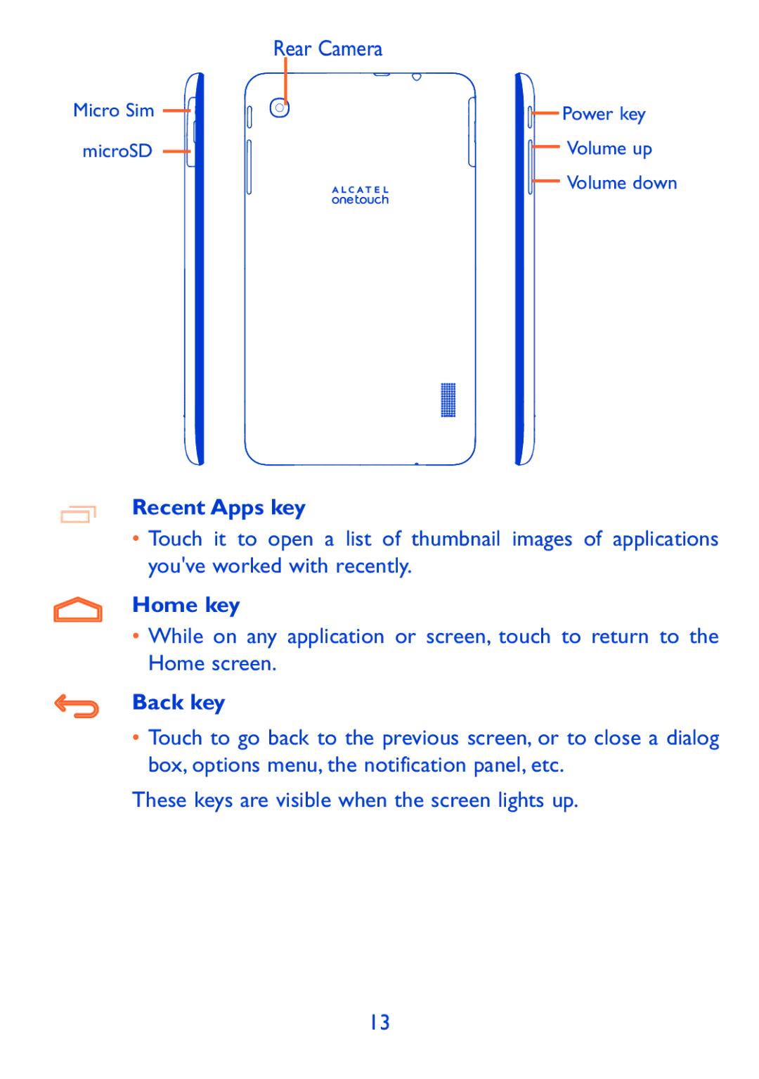 Alcatel P310X, Pop 7 manual Recent Apps key, Home key, Back key 