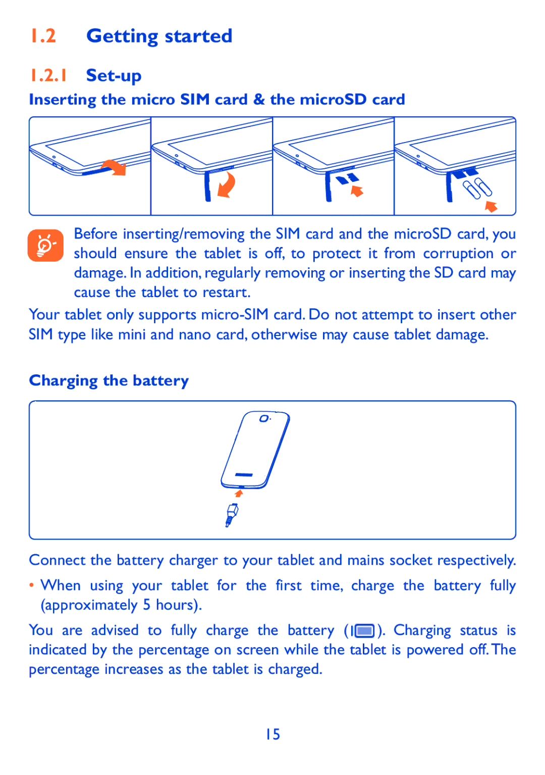 Alcatel P310X, Pop 7 manual Getting started, Set-up, Inserting the micro SIM card & the microSD card, Charging the battery 