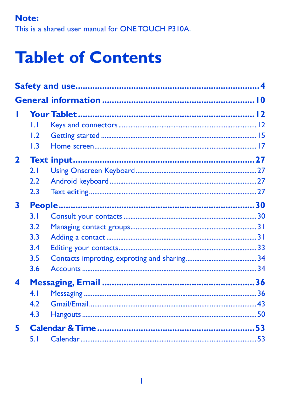 Alcatel P310X, Pop 7 manual Tablet of Contents 