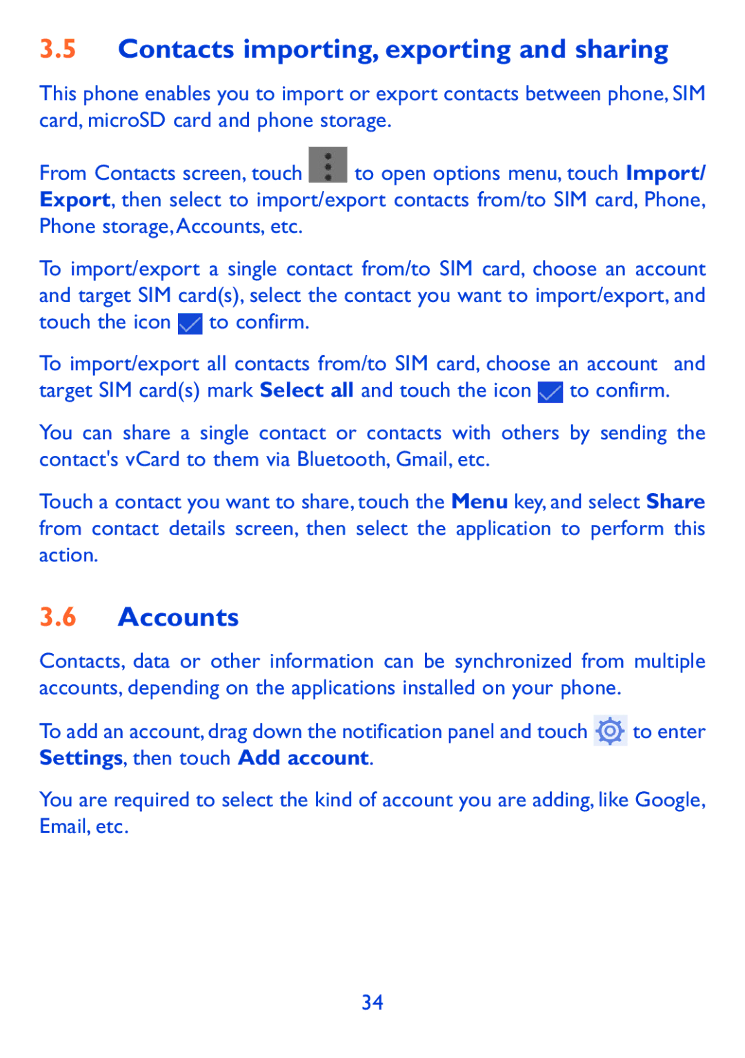 Alcatel Pop 7, P310X manual Contacts importing, exporting and sharing, Accounts, Settings, then touch Add account 