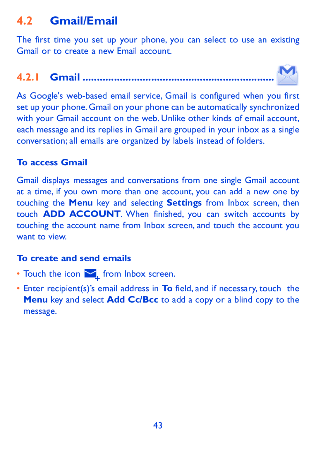 Alcatel P310X, Pop 7 manual Gmail/Email, To access Gmail, To create and send emails 