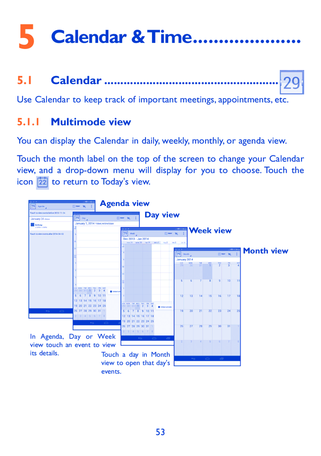 Alcatel P310X, Pop 7 manual Calendar &Time, Multimode view 