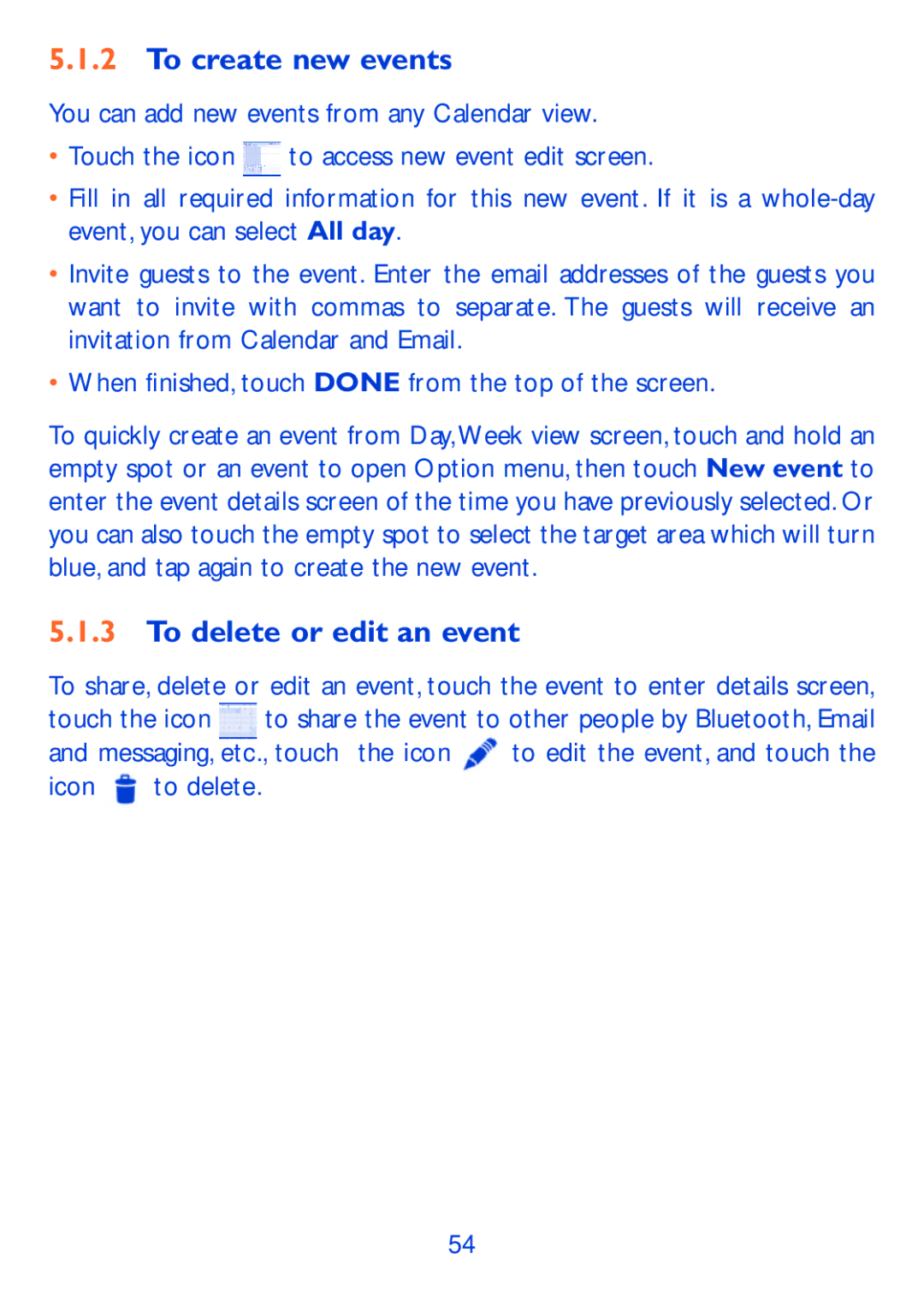 Alcatel Pop 7, P310X manual To create new events, To delete or edit an event 