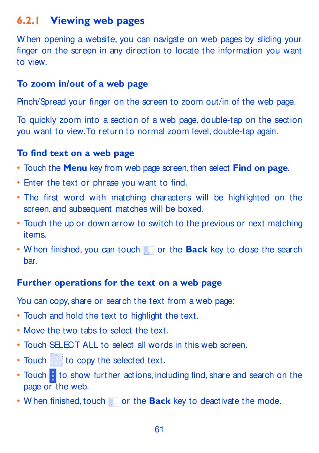 Alcatel P310X Viewing web pages, To zoom in/out of a web, To find text on a web, Further operations for the text on a web 