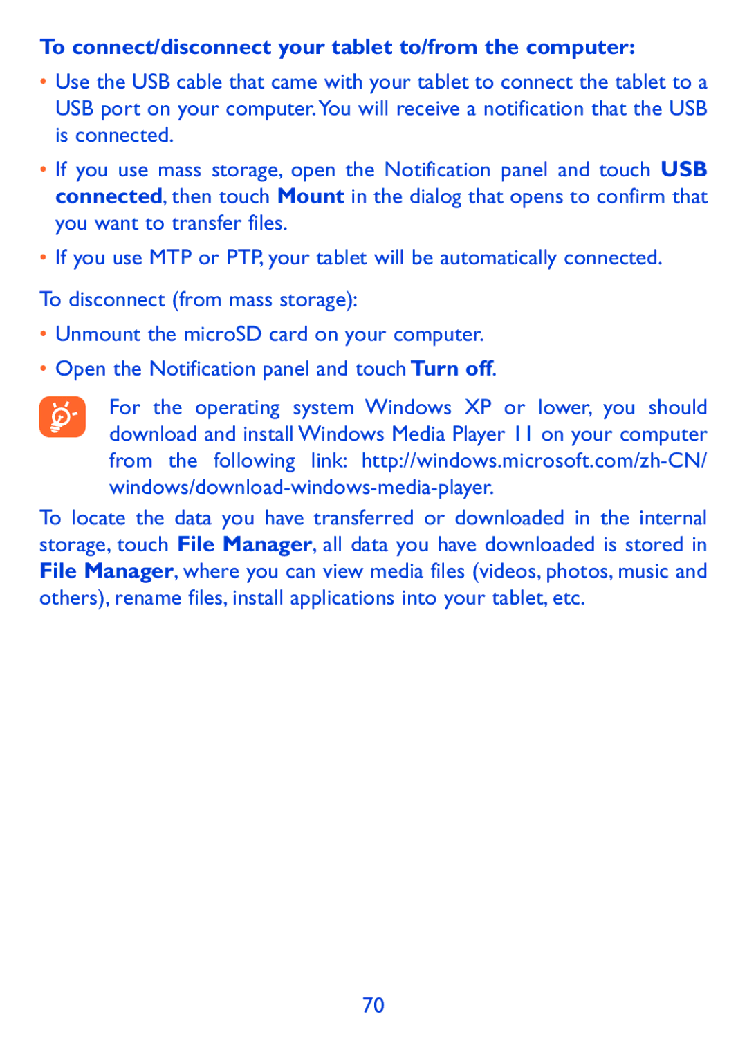 Alcatel Pop 7, P310X manual To connect/disconnect your tablet to/from the computer 