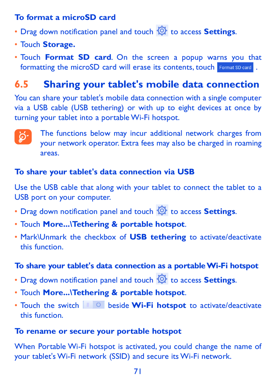 Alcatel P310X, Pop 7 manual Sharing your tablets mobile data connection 