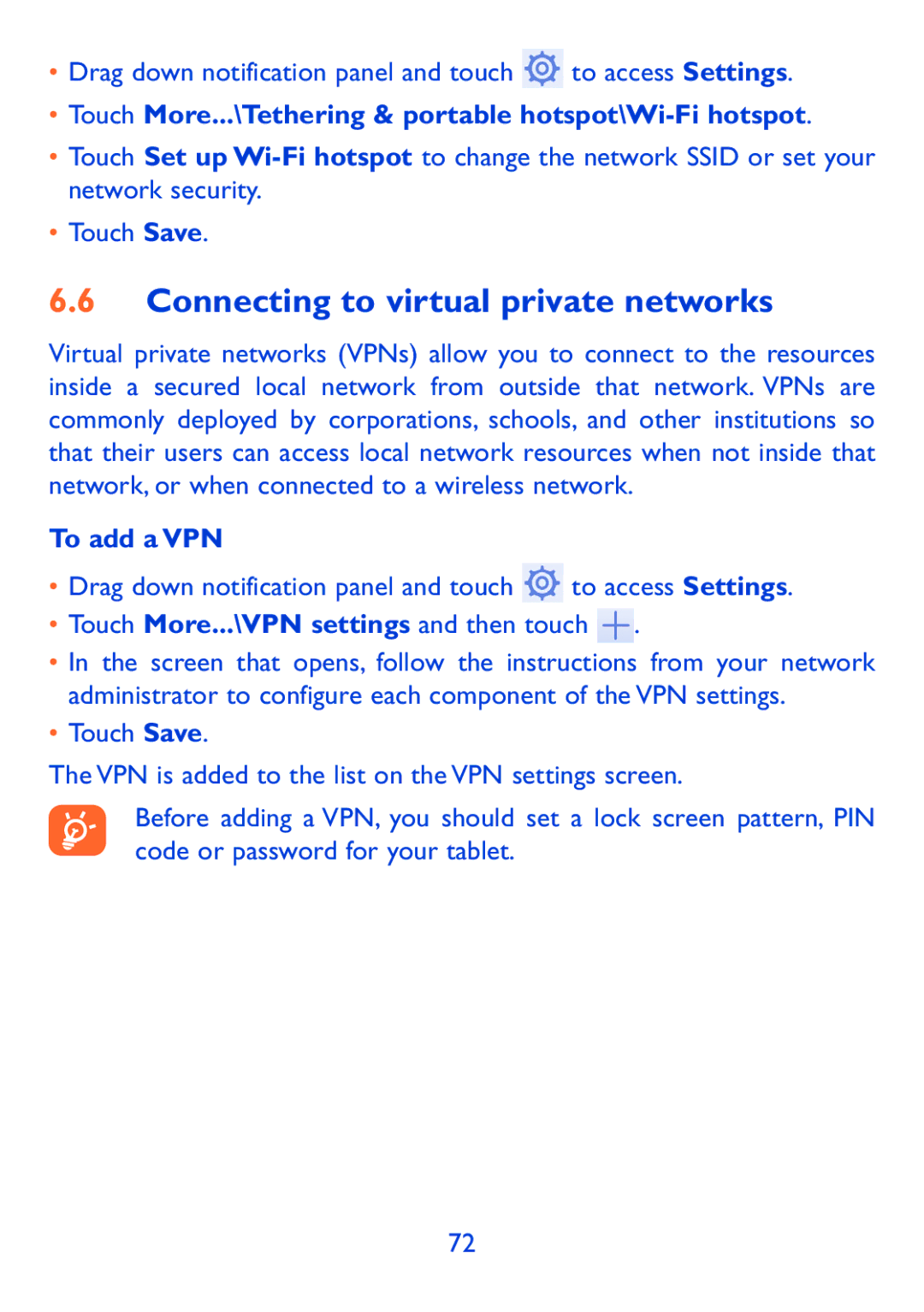 Alcatel Pop 7, P310X manual Connecting to virtual private networks, Touch More...\Tethering & portable hotspot\Wi-Fi hotspot 