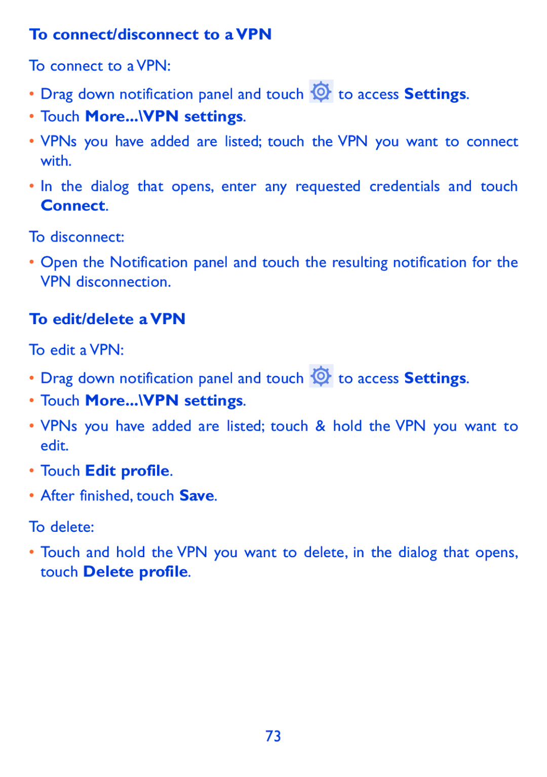 Alcatel P310X, Pop 7 To connect/disconnect to a VPN, Touch More...\VPN settings, To edit/delete a VPN, Touch Edit profile 