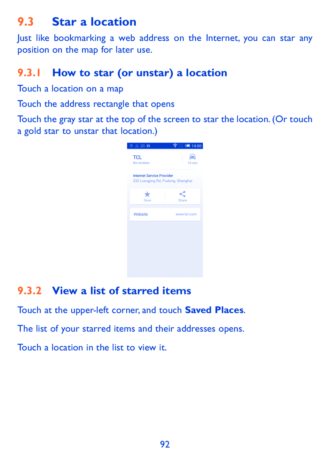 Alcatel Pop 7, P310X manual Star a location, How to star or unstar a location, View a list of starred items 