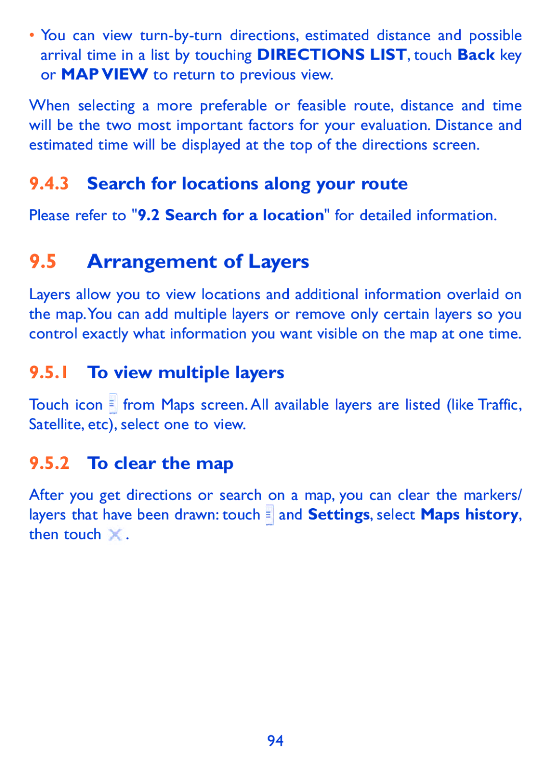 Alcatel Pop 7 Arrangement of Layers, Search for locations along your route, To view multiple layers, To clear the map 