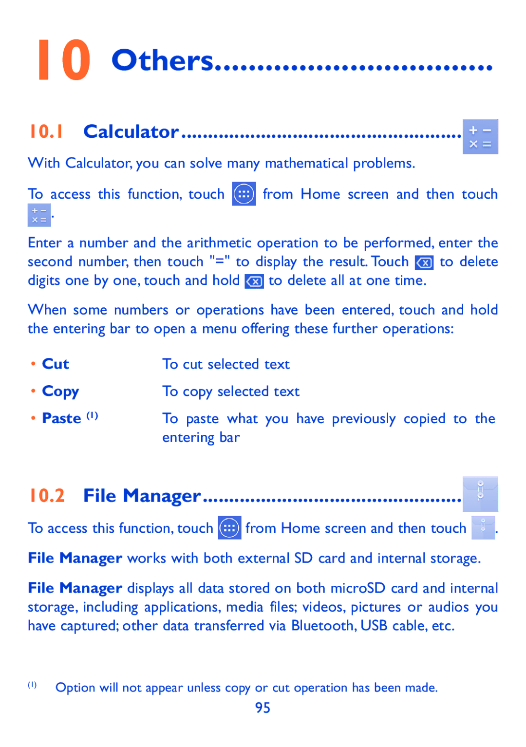 Alcatel P310X, Pop 7 manual Others, Calculator, File Manager, Cut, Paste 