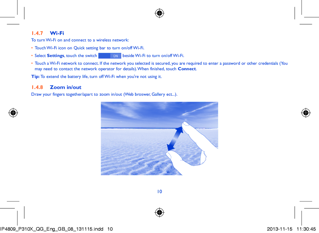 Alcatel P310X manual Wi-Fi, Zoom in/out 