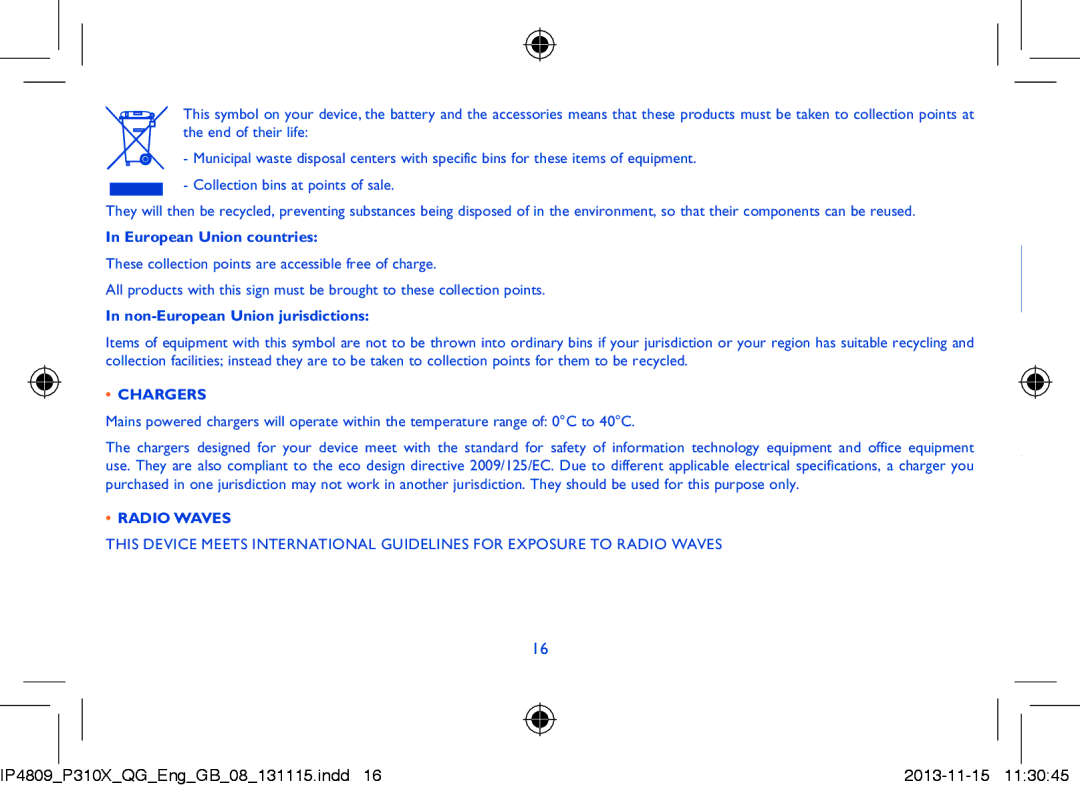 Alcatel P310X manual European Union countries, Non-European Union jurisdictions, Chargers, Radio Waves 