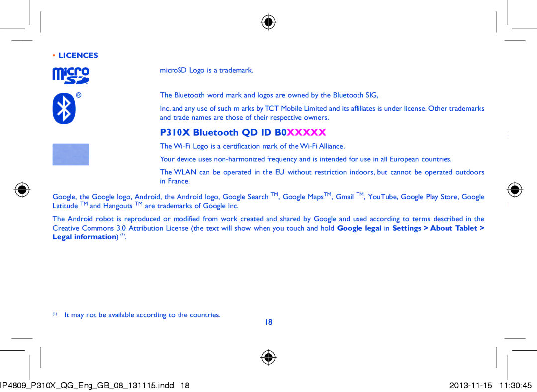 Alcatel manual P310X Bluetooth QD ID B0XXXXX, Licences 