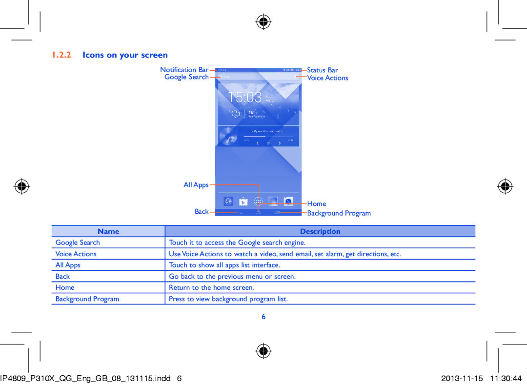 Alcatel P310X manual Icons on your screen, Name Description 