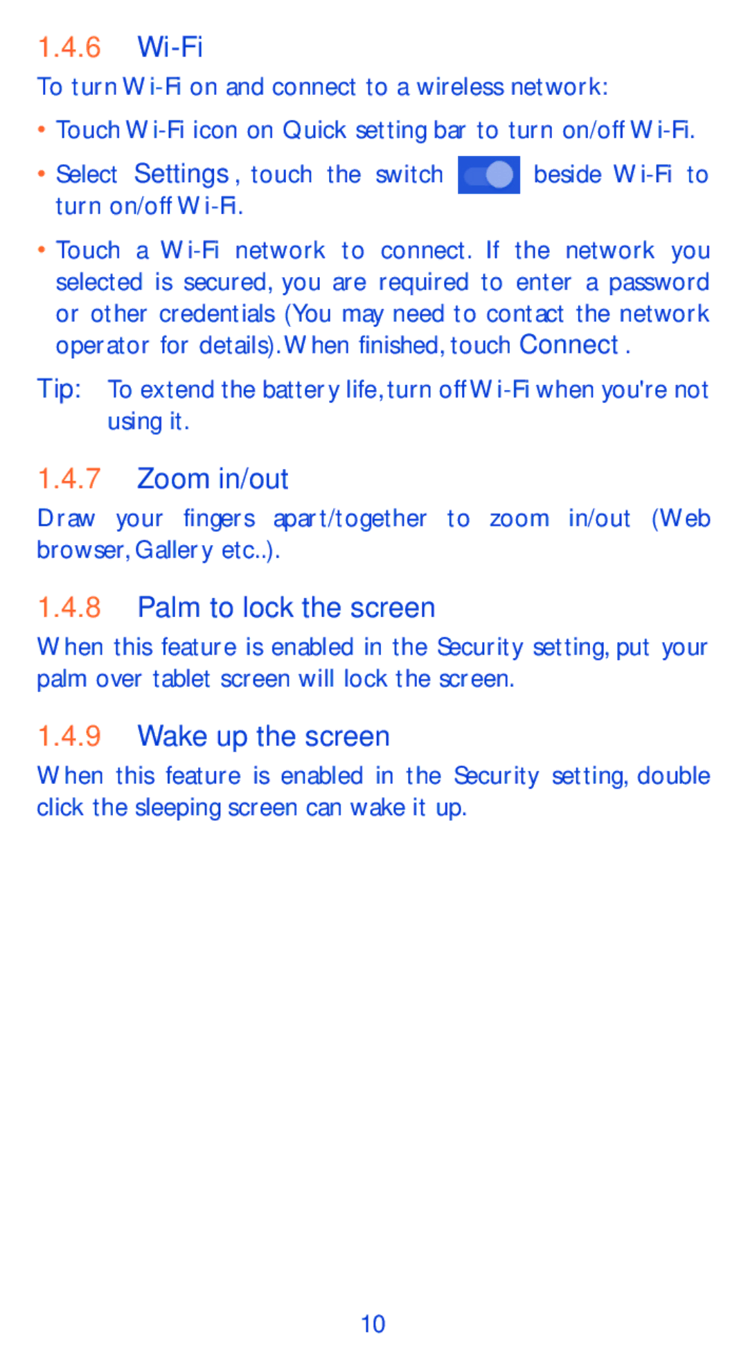 Alcatel P360X manual Wi-Fi, Zoom in/out, Palm to lock the screen, Wake up the screen 