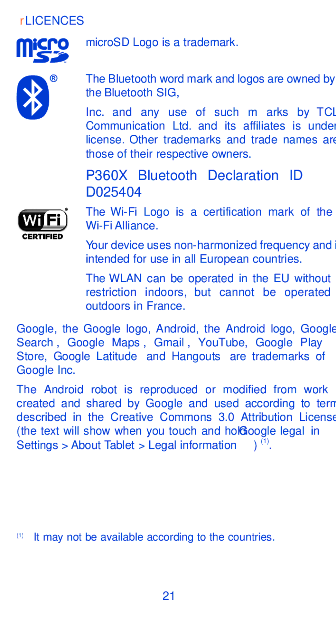 Alcatel manual P360X Bluetooth Declaration ID D025404, Settings About Tablet Legal information 