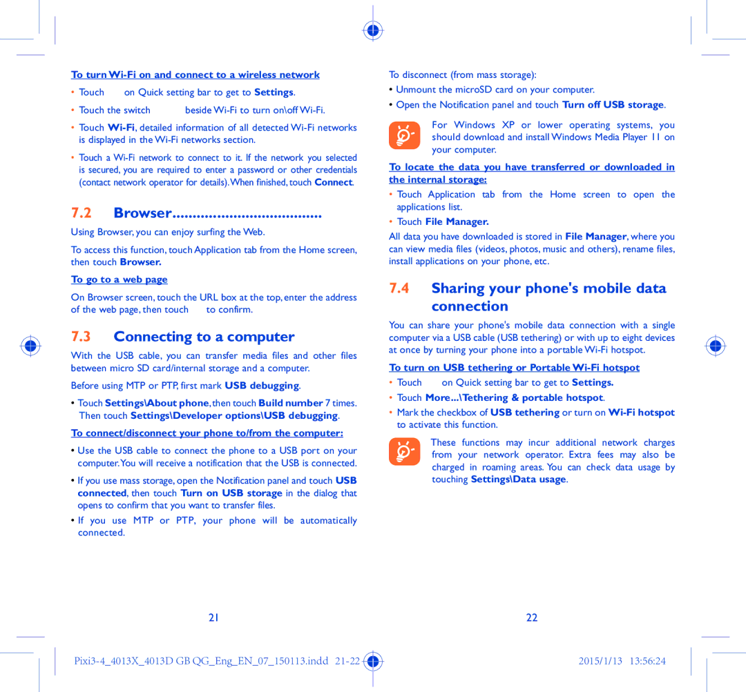 Alcatel Pixi 3 (4) manual Browser, Connecting to a computer, Sharing your phones mobile data Connection 