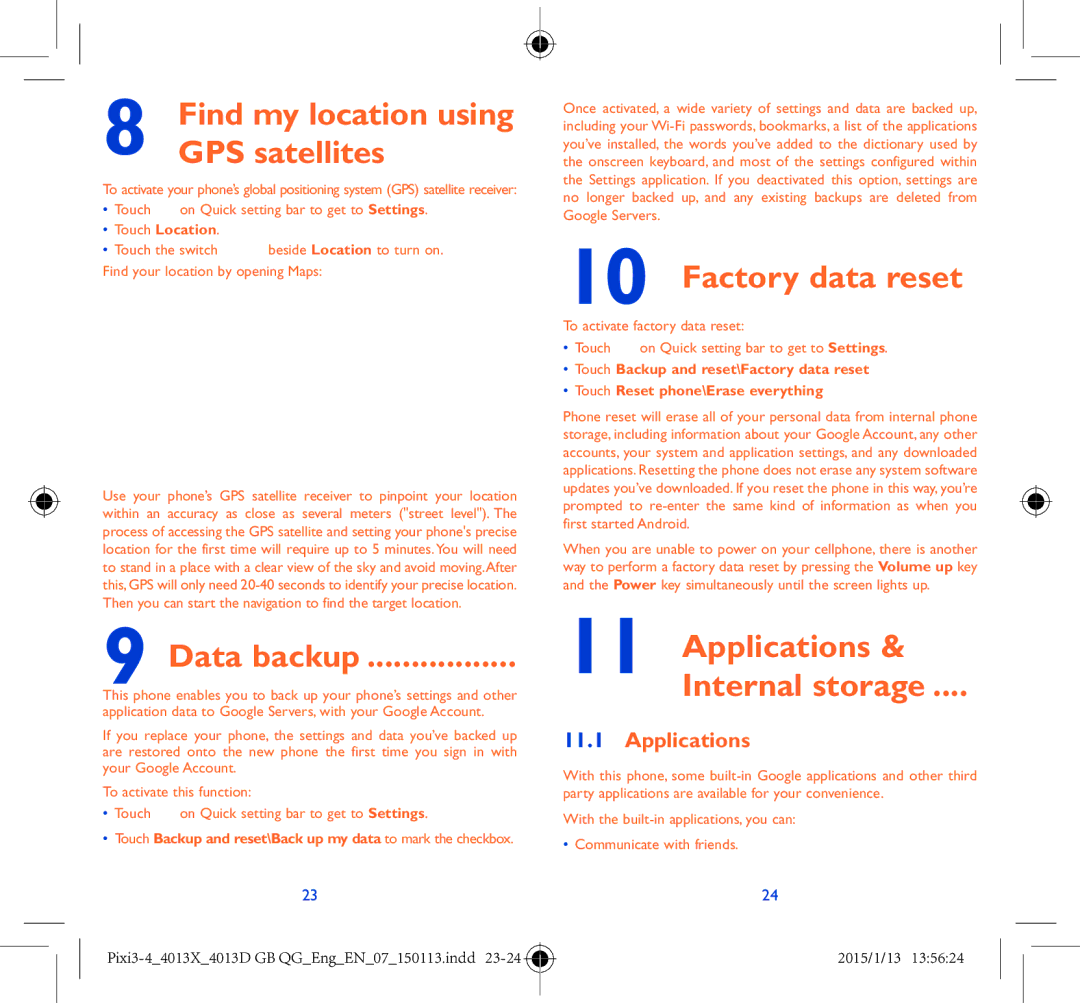 Alcatel Pixi 3 (4) manual Applications, Touch Location, Touch Backup and reset\Back up my data to mark the checkbox 