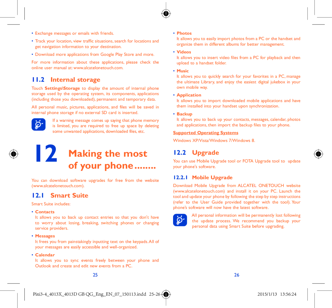 Alcatel Pixi 3 (4) manual Internal storage, Smart Suite, Mobile Upgrade 