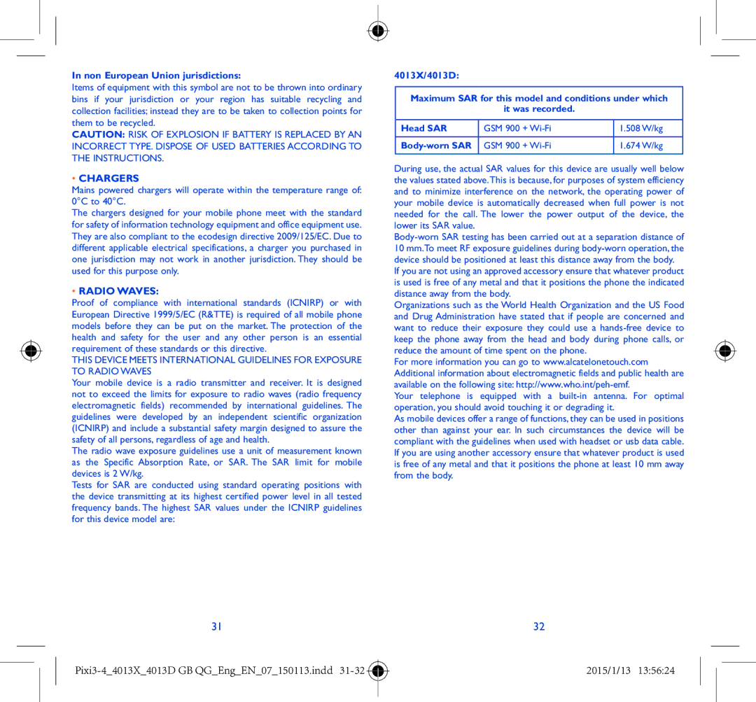 Alcatel Pixi 3 (4) manual Non European Union jurisdictions, Chargers, Radio Waves, Body-worn SAR 