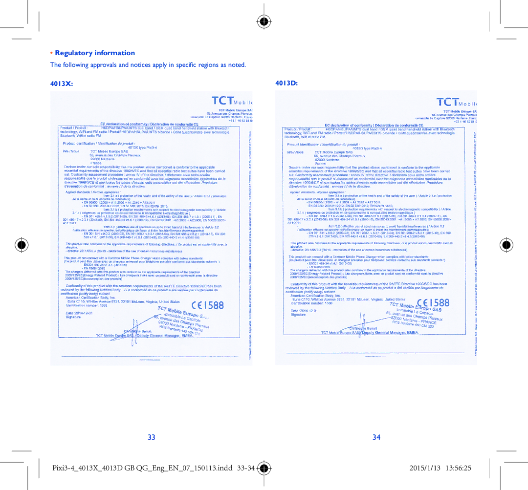 Alcatel Pixi 3 (4) manual Regulatory information, 4013X 