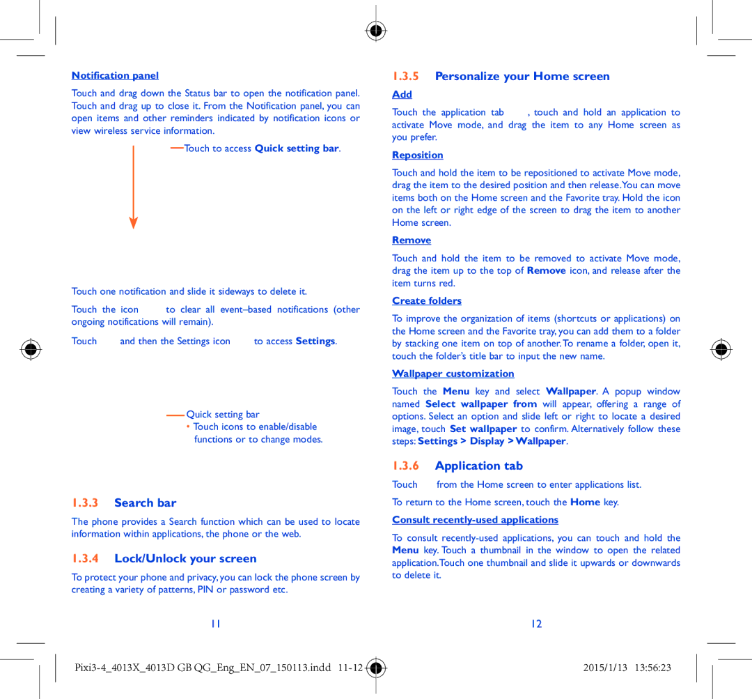 Alcatel Pixi 3 (4) manual Search bar, Lock/Unlock your screen, Personalize your Home screen, Application tab 