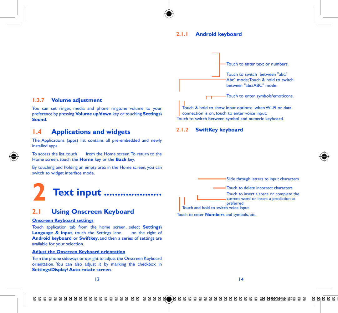 Alcatel Pixi 3 (4) manual Applications and widgets, Using Onscreen Keyboard, Volume adjustment, Android keyboard 