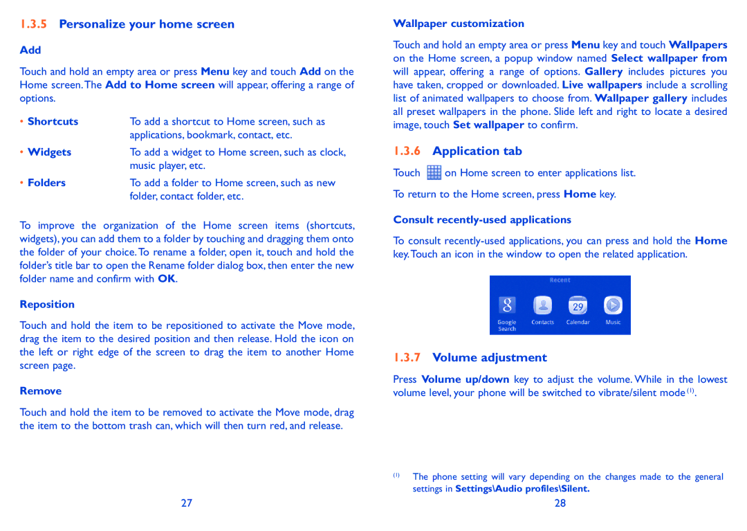 Alcatel Pixi (4007D), Pixi (4007), 4007X manual Personalize your home screen, Application tab, Volume adjustment 
