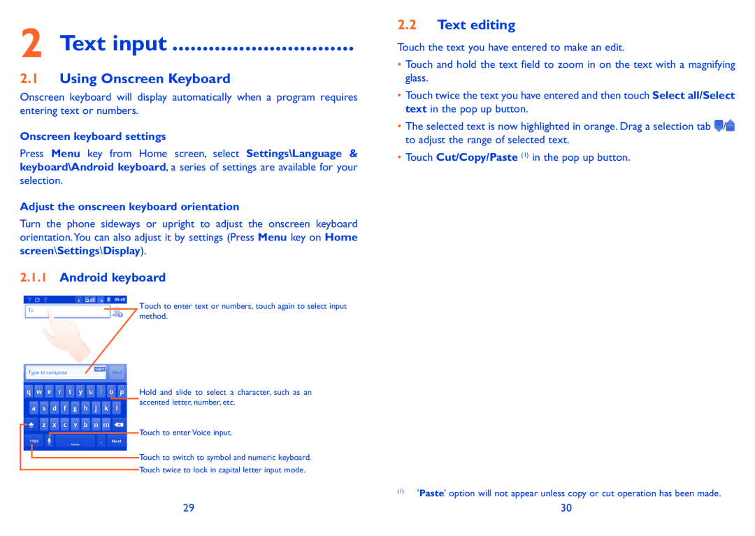 Alcatel Pixi (4007D), Pixi (4007), 4007X manual Text input, Using Onscreen Keyboard, Text editing, Android keyboard 