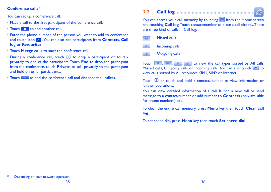 Alcatel Pixi (4007D), Pixi (4007), 4007X manual Call log, Conference calls 