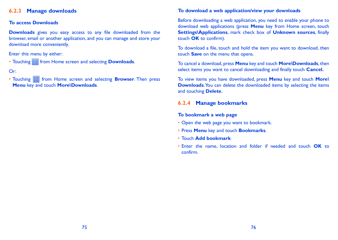 Alcatel Pixi (4007D), Pixi (4007), 4007X manual Manage downloads, Manage bookmarks 