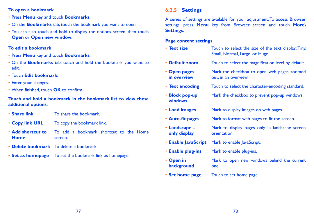 Alcatel Pixi (4007D) To open a bookmark, To edit a bookmark, Touch Edit bookmark, Content settings Text size, Overview 