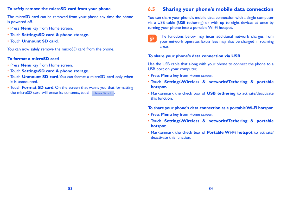 Alcatel Pixi (4007D) Sharing your phones mobile data connection, To safely remove the microSD card from your phone 