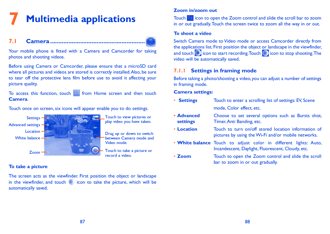 Alcatel Pixi (4007), Pixi (4007D), 4007X manual Multimedia applications, Camera, Settings in framing mode 