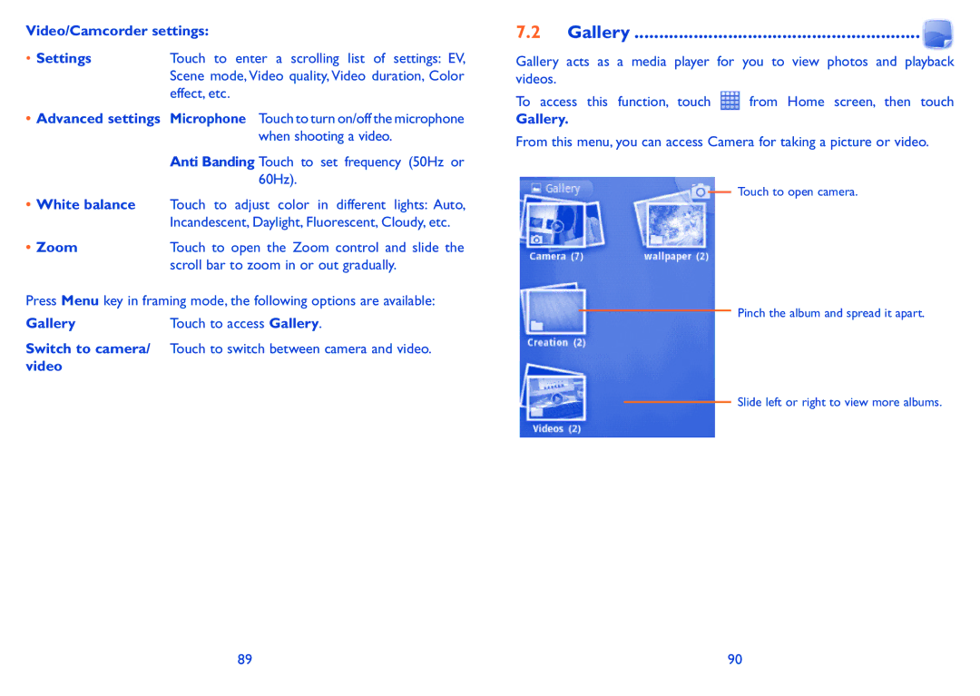 Alcatel 4007X, Pixi (4007D), Pixi (4007) manual Gallery, Video/Camcorder settings Settings 