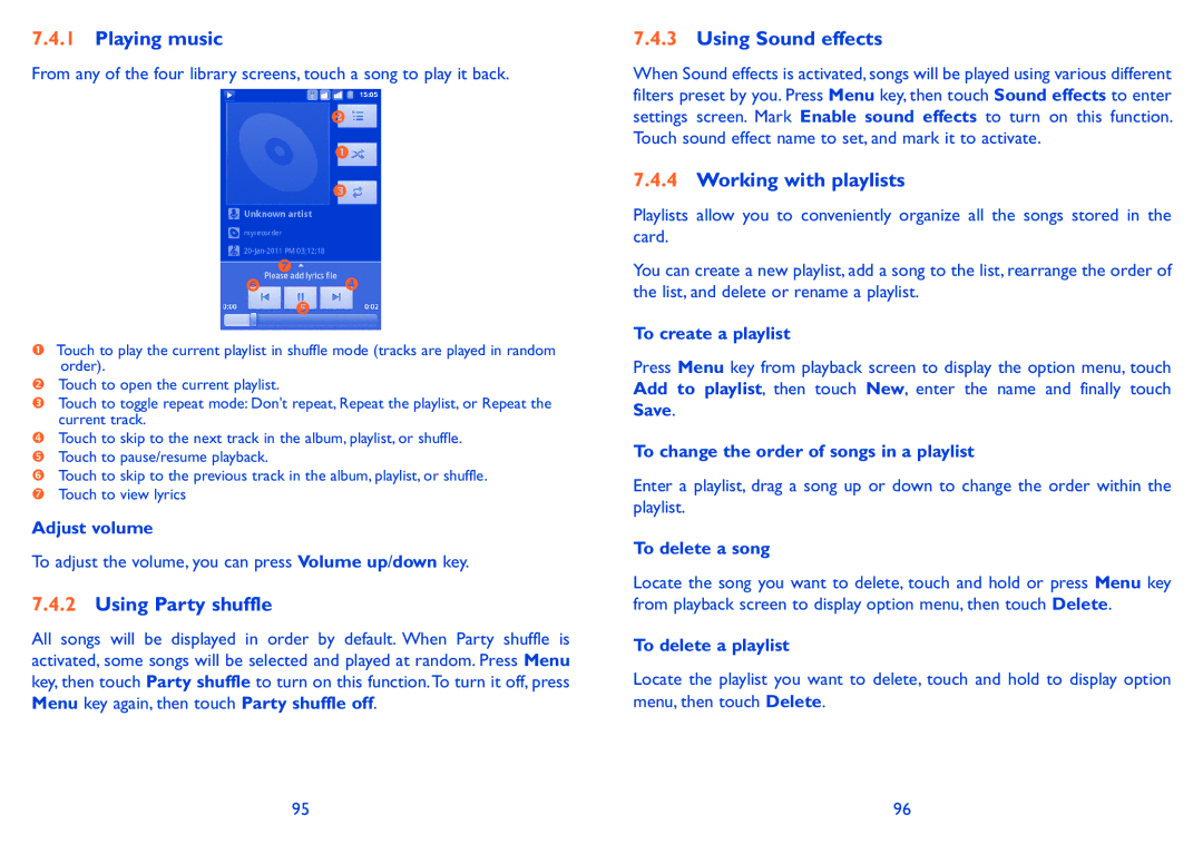 Alcatel Pixi (4007), Pixi (4007D), 4007X Playing music, Using Party shuffle, Using Sound effects, Working with playlists 
