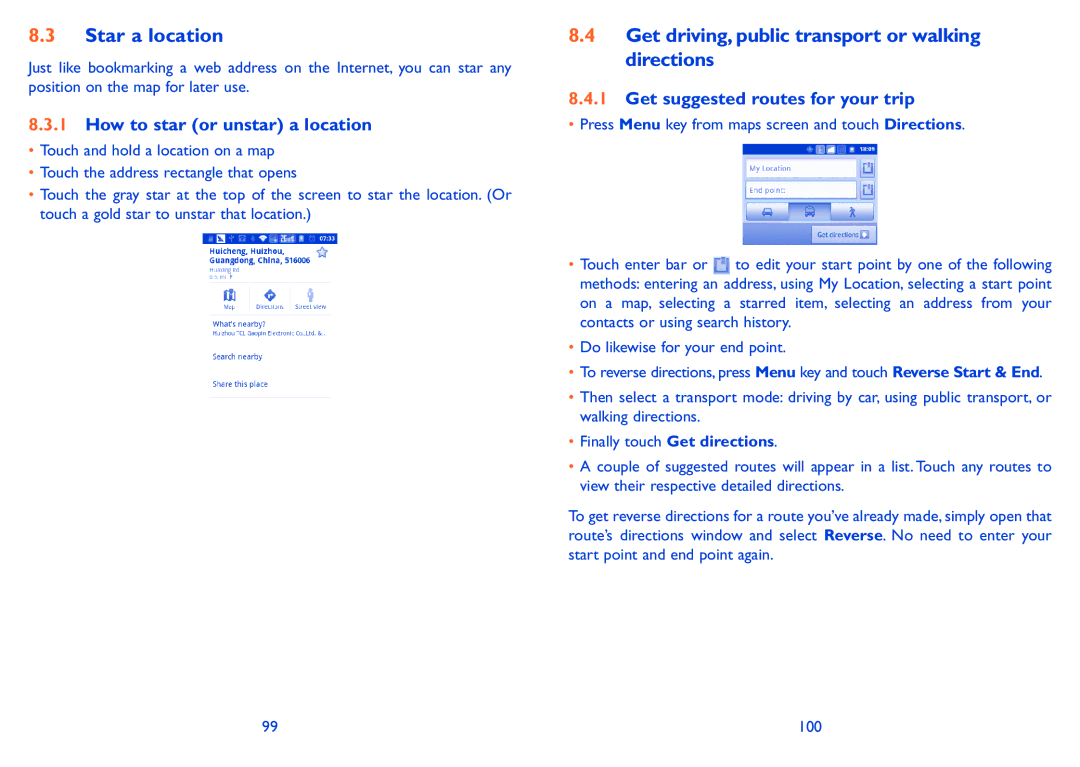 Alcatel 4007D manual Star a location, Get driving, public transport or walking directions, How to star or unstar a location 