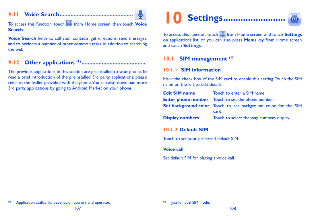 Alcatel Pixi (4007D), Pixi (4007), 4007X manual Settings, Voice Search, Other applications, SIM management 