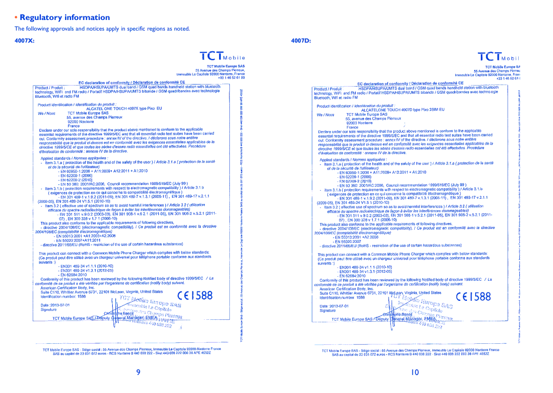 Alcatel 4007X, Pixi (4007D), Pixi (4007) manual Regulatory information 