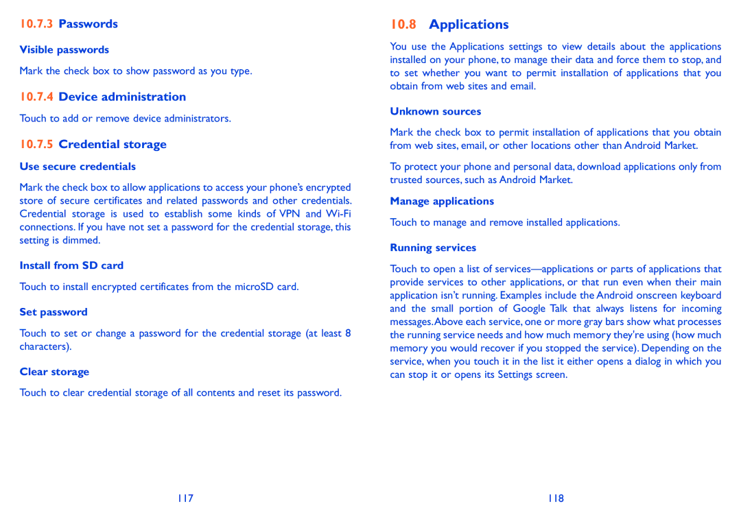 Alcatel Pixi (4007D), Pixi (4007), 4007X manual Applications, Passwords, Device administration, Credential storage 