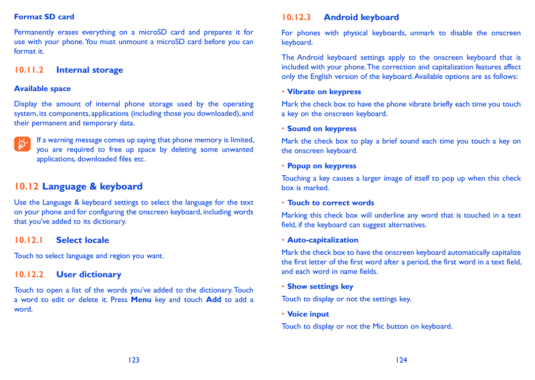 Alcatel Pixi (4007D), Pixi (4007), 4007X manual Language & keyboard, Internal storage, Select locale, User dictionary 