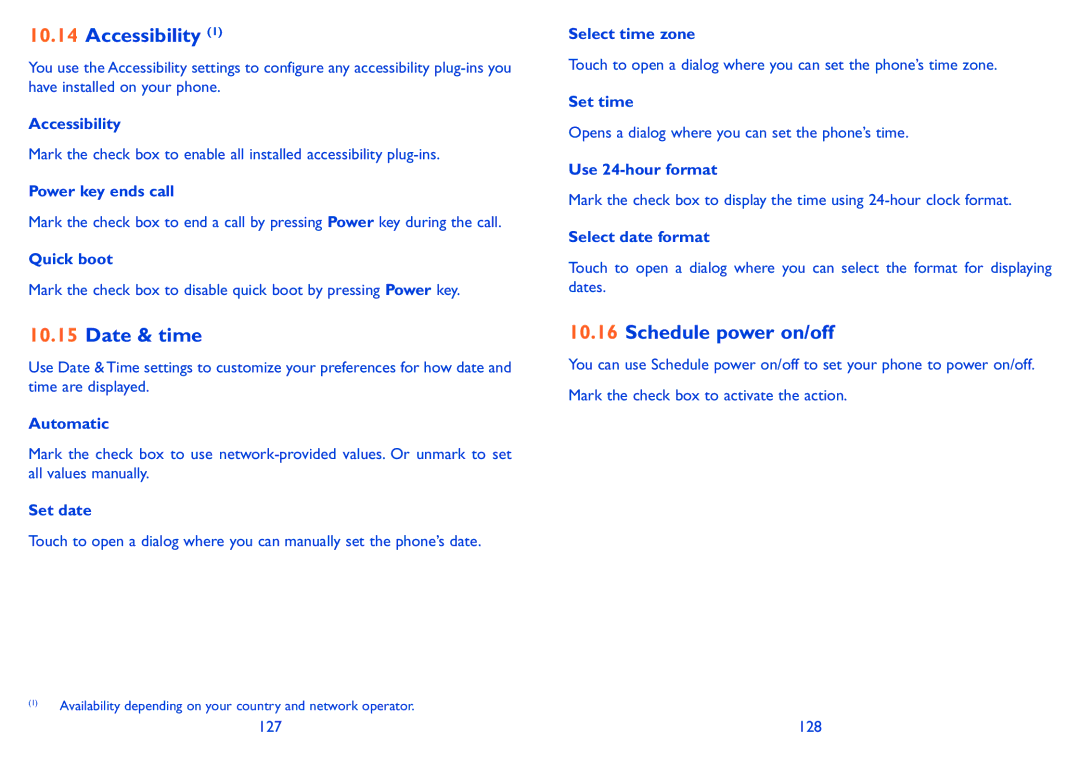 Alcatel Pixi (4007), Pixi (4007D), 4007X manual Accessibility, Date & time, Schedule power on/off 