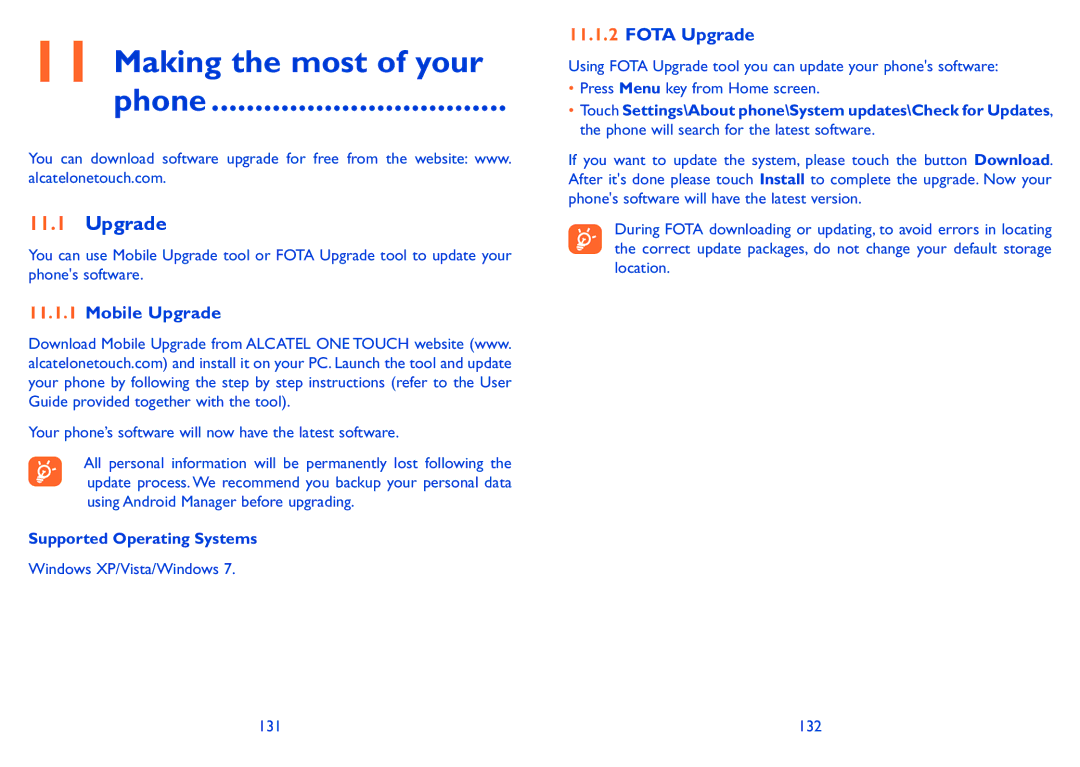 Alcatel Pixi (4007D) manual Making the most of your Phone, Mobile Upgrade, Fota Upgrade, Supported Operating Systems 