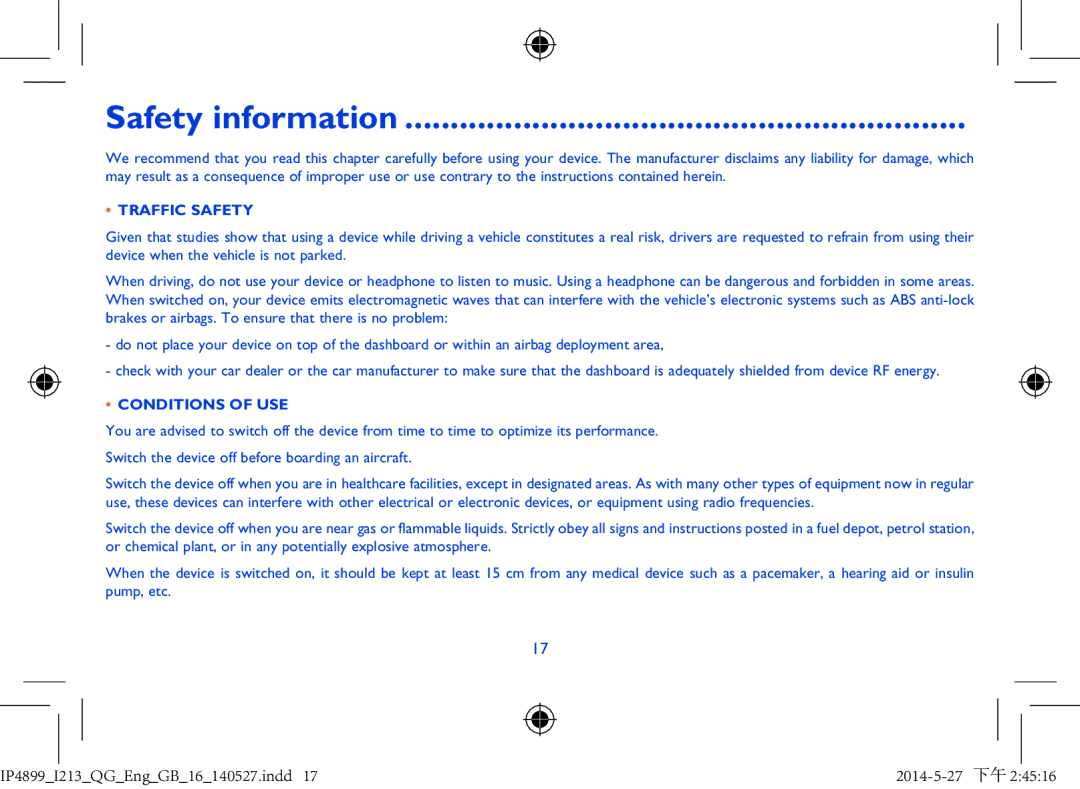 Alcatel Pixi 7 manual Safety information, Traffic Safety, Conditions of USE 