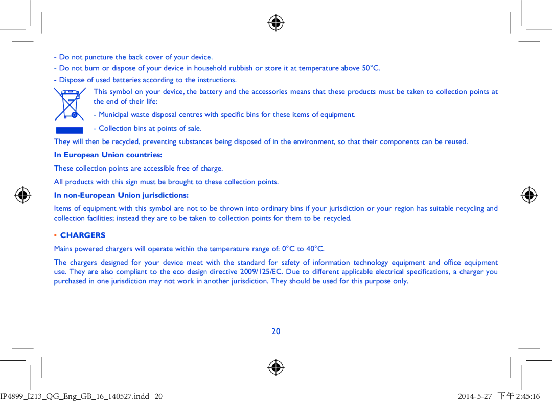 Alcatel Pixi 7 manual European Union countries, Non-European Union jurisdictions, Chargers 