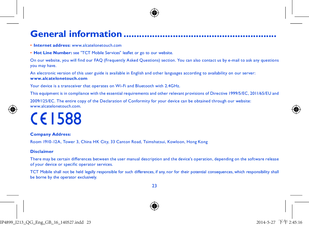 Alcatel Pixi 7 manual General information, Company Address, Disclaimer 