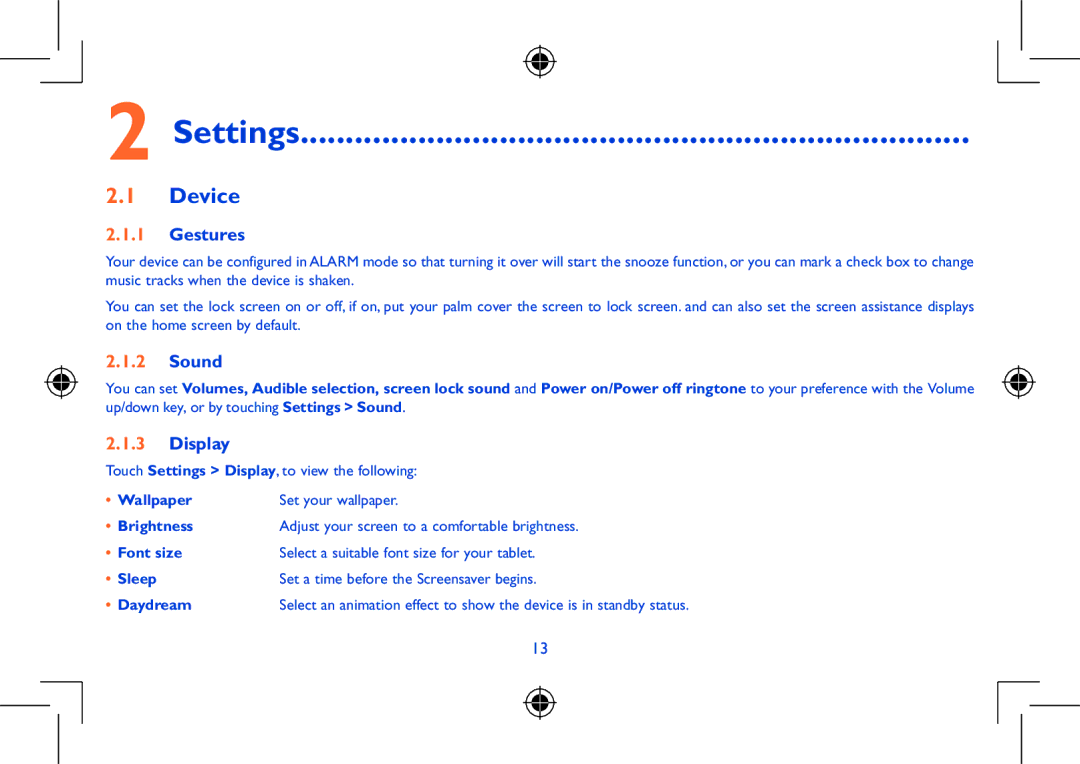 Alcatel Pixi 8 manual Settings, Device, Gestures, Sound, Display 