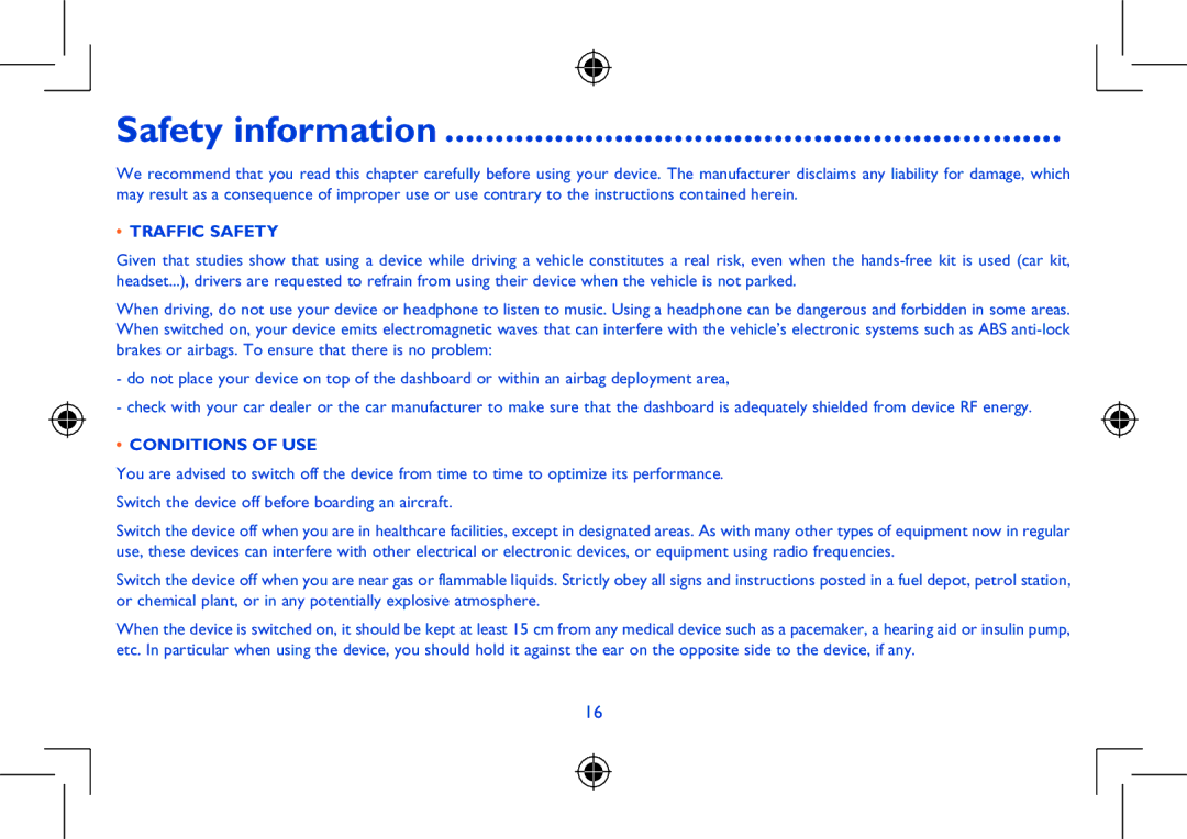 Alcatel Pixi 8 manual Safety information, Traffic Safety, Conditions of USE 
